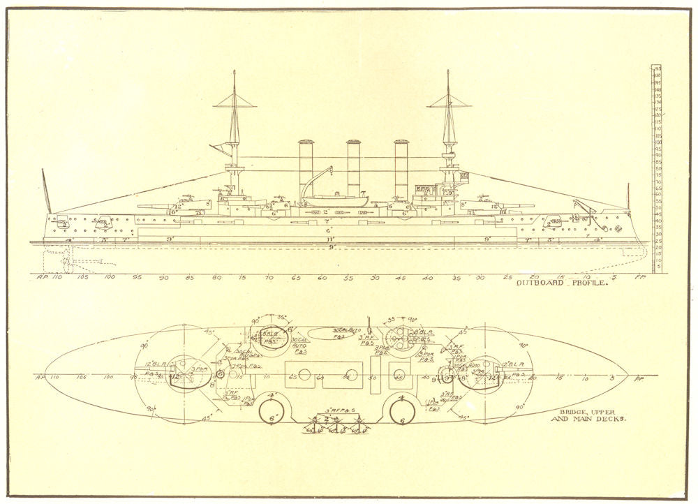 USA. Naval architecture; US battleship Connecticut 1907 old antique print